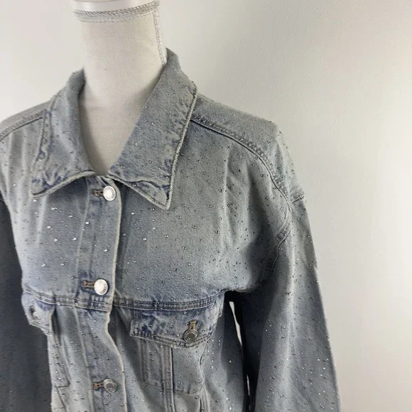 ZARA Women's Denim Jacket XXL‎ Blue Studded Rhinestone Embellished NWT - Picture 4 of 12